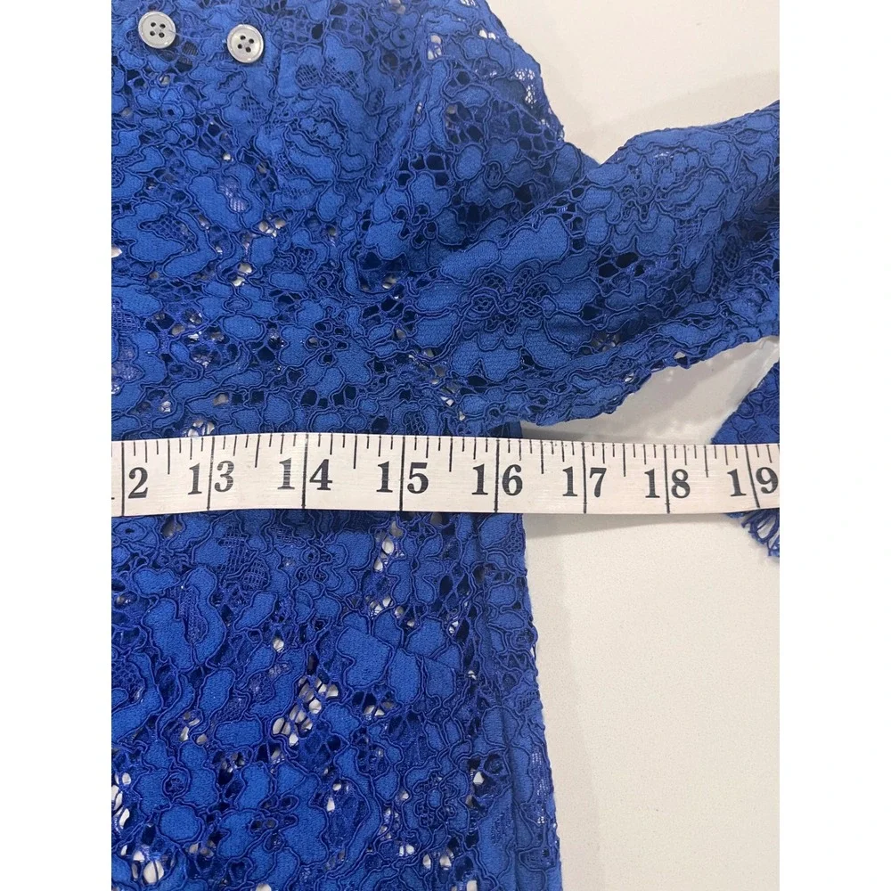 Royal Blue Floral Lace‎ Mock Neck Long Sleeve Top with Shoulder Buttons